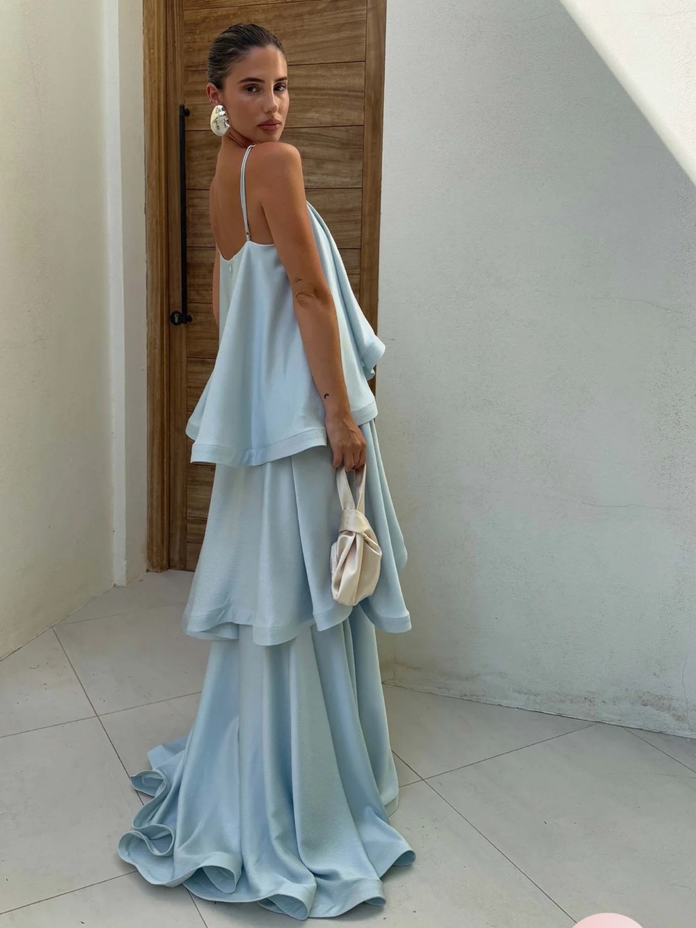 elliatt tilly pale blue tiered satin textured ruffle flared maxi dress small NEW